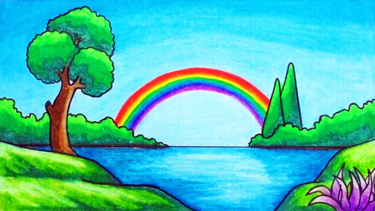 How to Draw Easy Scenery | Drawing Rainbow Over the Lake Scenery Step by Step with Oil Pastels