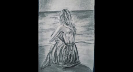 A girl is on the beach charcoal drawing / Sahilde oturan kız çizimi