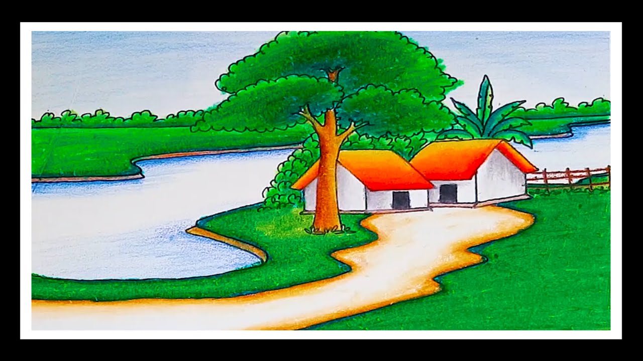 Drawing Easy scenery || Cobi aka || drawing of nature Easy Drawing village drawing Landscape