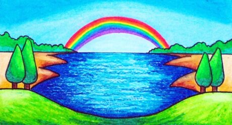 Dessin de paysage arc-en-ciel facile | Comment dessiner un paysage simple étape par étape avec des pastels à l’huile