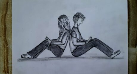 GIRL AND A BOY SITTING BACK TO BACK DRAWING / MÜZİK DİNLEYEN KIZ VE ERKEK ÇİZİMİ