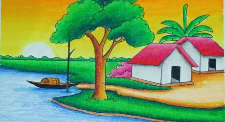 Comment dessiner un paysage facile | Dessiner un paysage de coucher de soleil avec des pastels à l’huile _ Dessin de pastels à l’huile