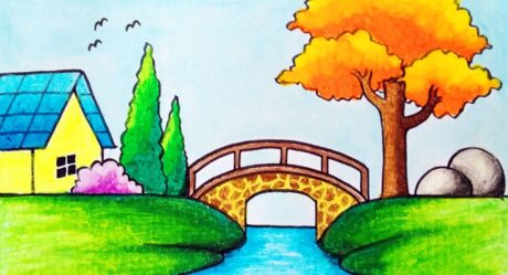 How To Draw Scenery | Drawing River and Bridge Scenery _ Oil Pastels Drawing
