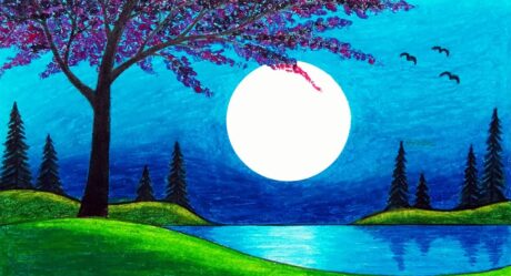 Comment dessiner un beau clair de lune sur le paysage du lac | Dessin de paysage aux pastels à l’huile