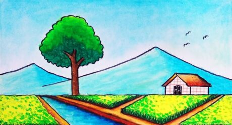 How to Draw Beautiful Rice Field | Easy Scenery Drawing