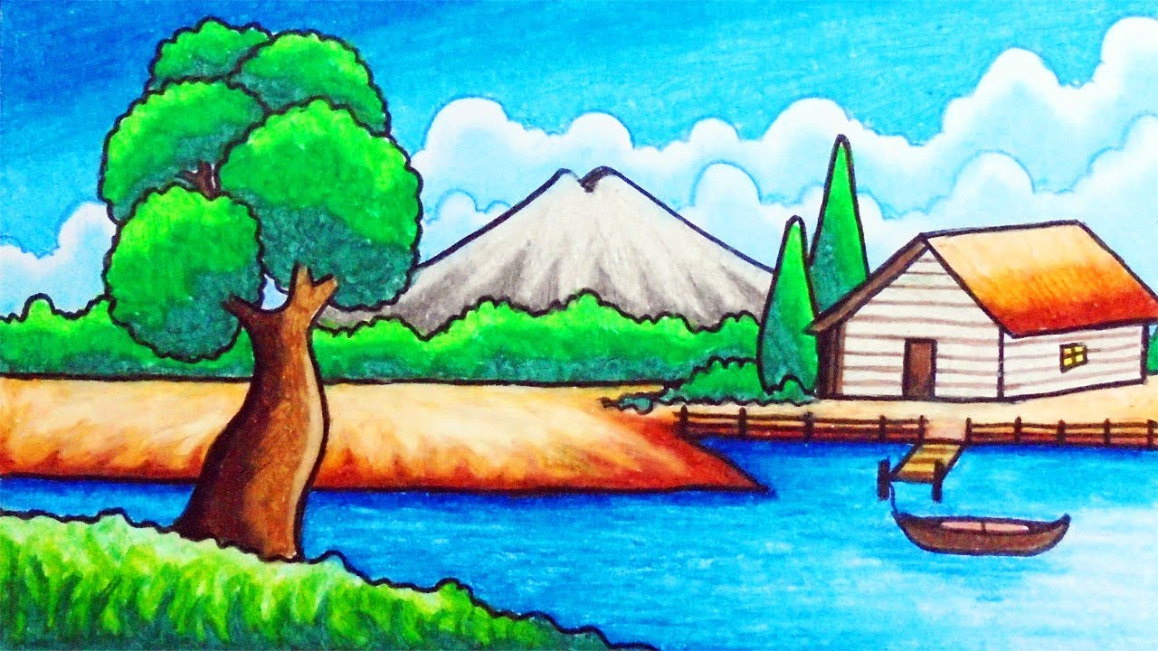 How to Draw Easy Scenery | Drawing House Across the River Scenery Step by Step with Oil Pastels