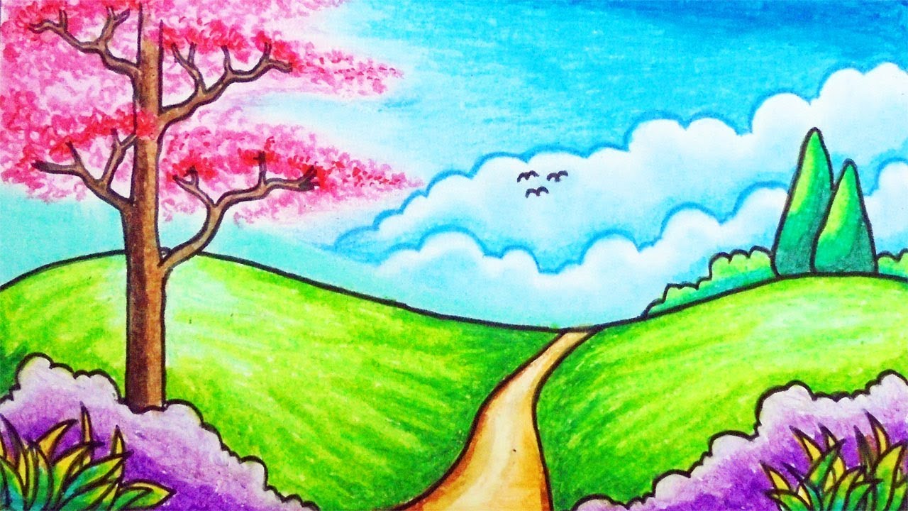 How to Draw Easy Scenery | Drawing Simple Park scenery Step by Step with Oil Pastels