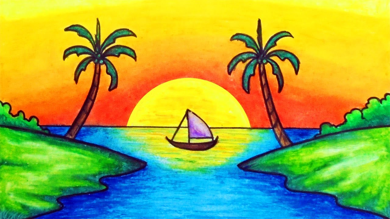 How to Draw Easy Scenery | Drawing Simple Sunset Scenery Step by Step with Oil Pastels