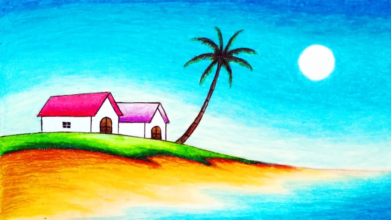 How to Draw Easy Scenery of Houses in the Beach | Simple Tropical Beach Scenery Drawing