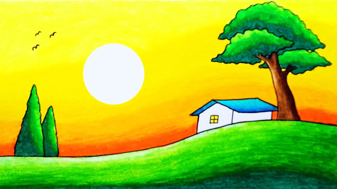 How to Draw Easy Scenery of Sunset, Trees and House Super Simple