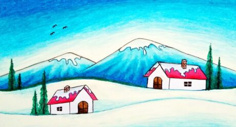 Comment dessiner un paysage facile de maisons de saison d’hiver | Dessin de paysage de neige simple étape par étape