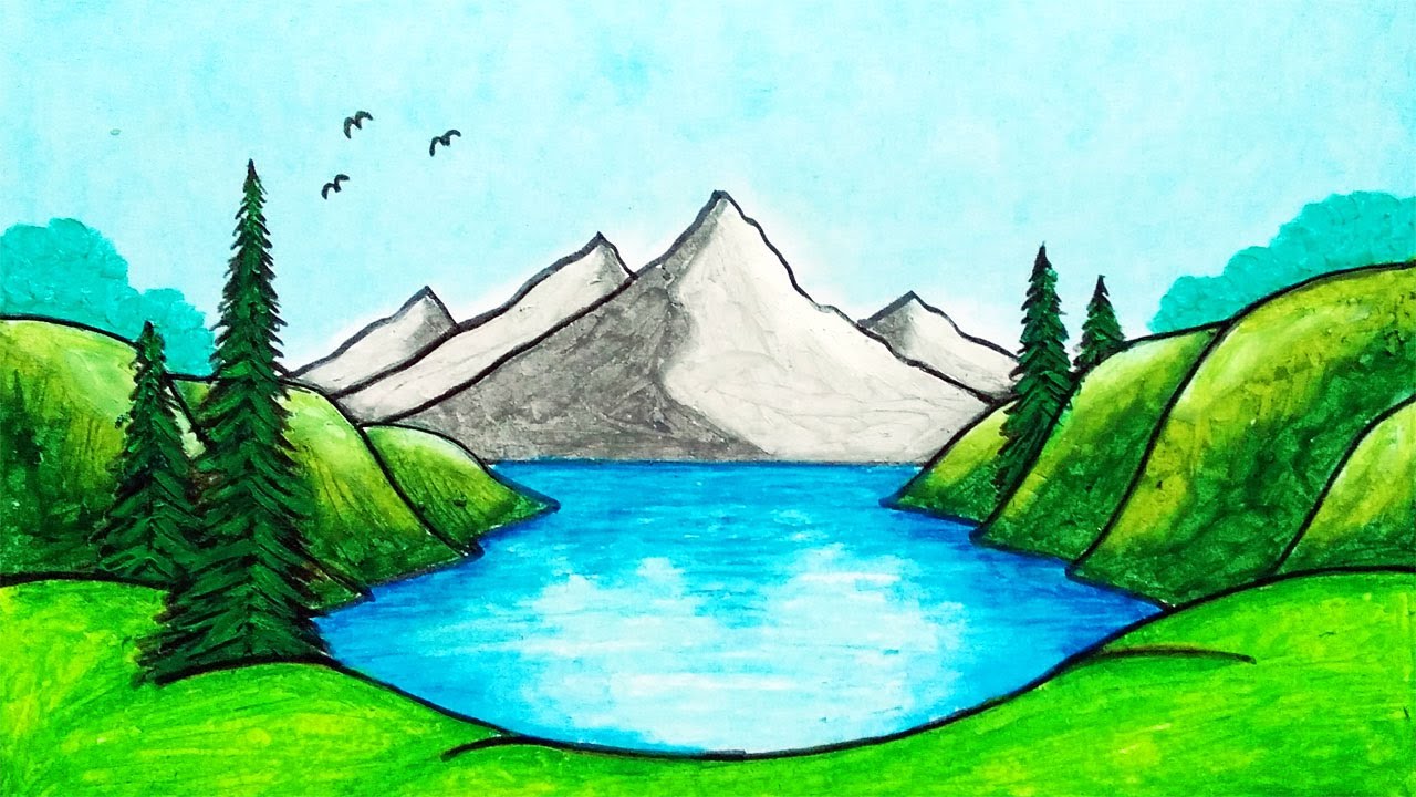 How to Draw Easy and Simple Mountain Lake Scenery Drawing