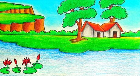 Comment dessiner Paysage || Paysage de village riverain | Paysage de belle nature