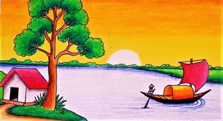 How to draw easy scenery || drawing Easy sunset scenery with oil pastel for beginners