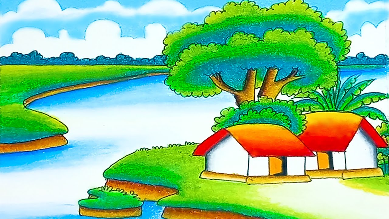 How to draw easy scenery drawing beautiful village scenery with landscape nature | House drawing