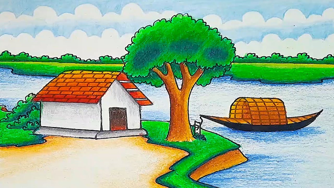 How to draw scenery of river side village || landscape drawing with ...