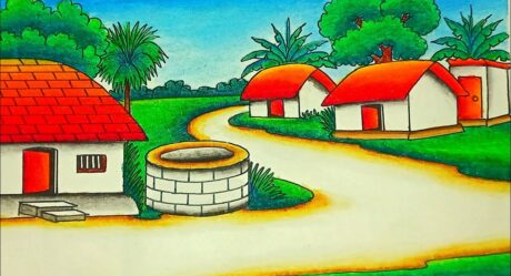 Dibujo de paisaje de pueblo indio con pintura de escena de la naturaleza | Dibujar hermosos paisajes de casas de pueblo.