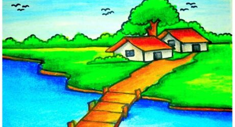 Riverside Village Scenery drawing _very easy || How to Draw Easy scenery of Landscape step by step