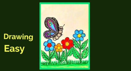 butterfly drawing || flower drawing || drawing of butterfly in the garden flower with butterfly