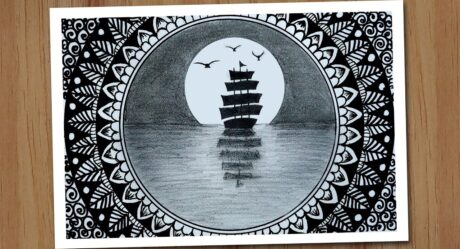 How to draw moonlight night with pencil step by step, Mandala art for beginners