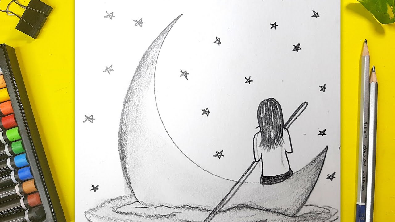 A girl sitting on the moon - Pencil sketch scenery drawing for beginners