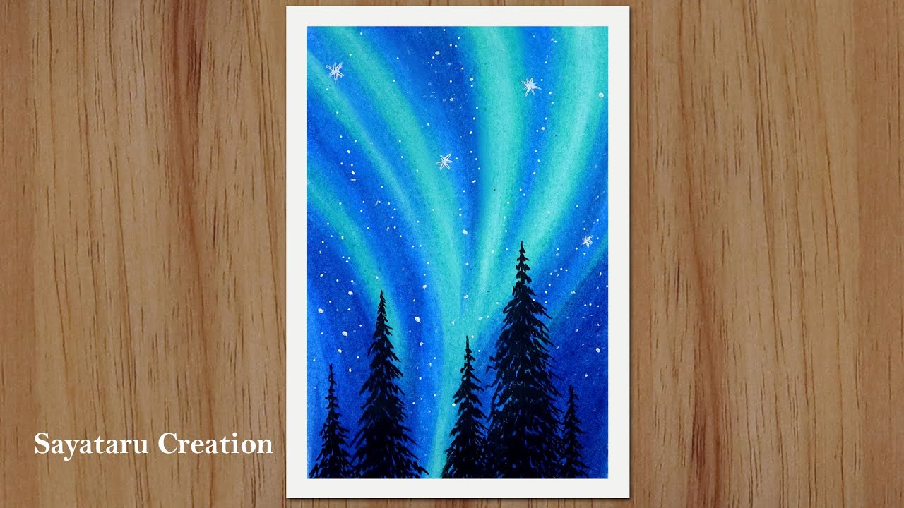 Aurora night sky drawing with oil pastels - Northern lights drawing