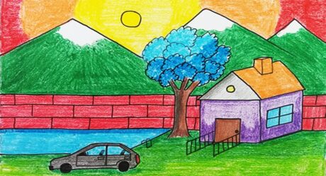 Dibujo de paisaje básico para niños con Montaña, casa y naturaleza