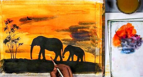 Beginners Acrylic Painting | 'Elephants in Sunset' silhouette painting