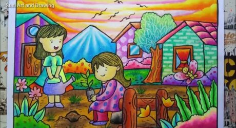 Cara Menggambar dan Mewarnai Gradasi Crayon Tema berkebun | Go Green | Drawing Scenery