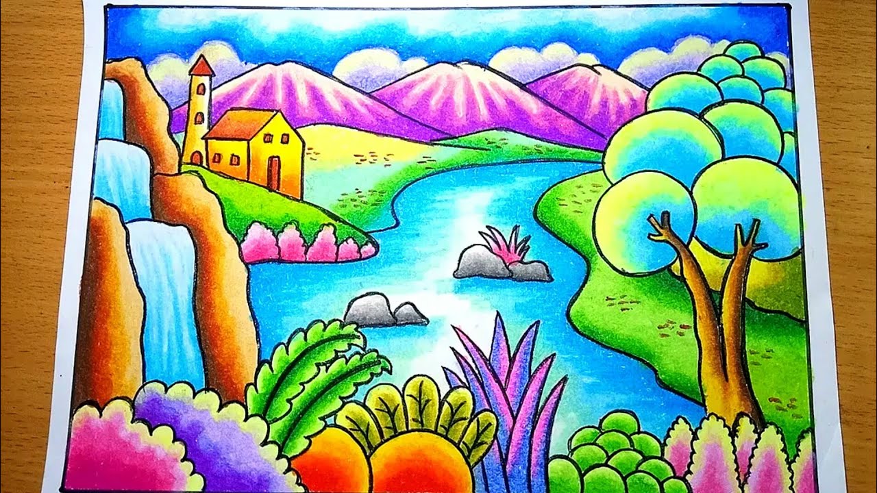 Cara menggambar dan mewarnai Gradasi Pemandangan gunung sungai dan air terjun | drawing scenery