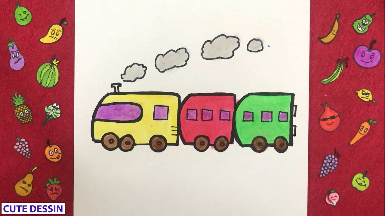 Comment dessiner et colorier un train mignon FACILEMENT étape par étape 1 – Dessin train