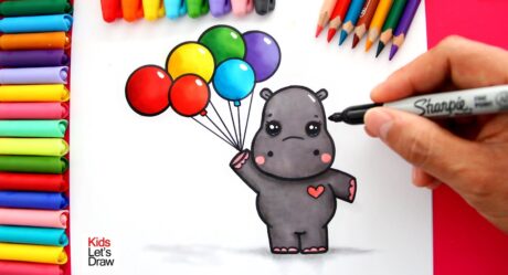 How to draw a Kawaii HIPPO with COLORED BALLOONS