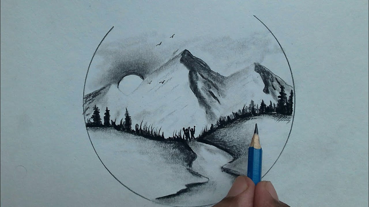 Drawing landscapes for beginners pencil sketch / mountain scenery ...