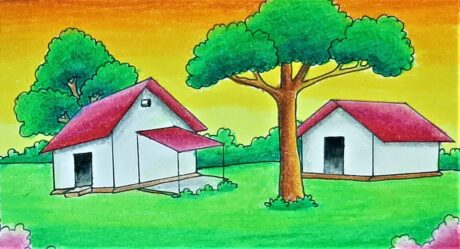 How To Draw Easy Scenery || village house drawing -easy drawing for beginners