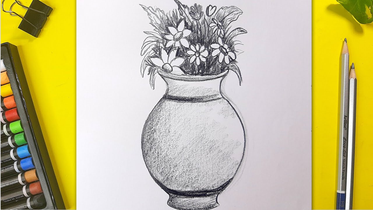 How To Draw Flower With Vase Flower Pot Drawing With Pencil Drawing