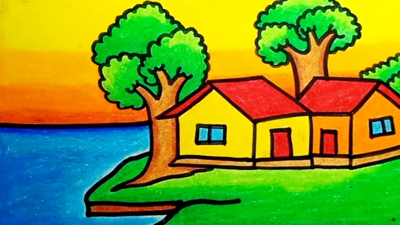 How To Draw House Scenery With Oil Pastels |Drawing House Scenery Step ...