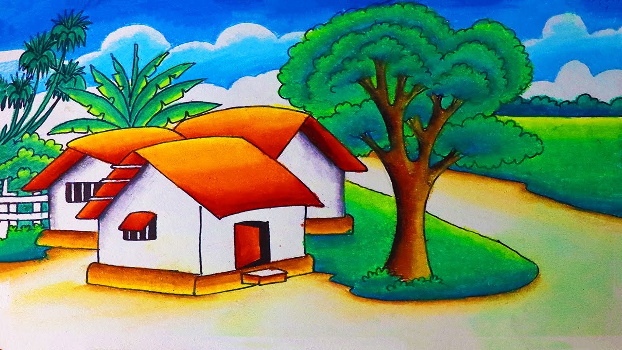 How To Draw Beautiful Village Scenery Drawing Easy With Oil Pastel ...