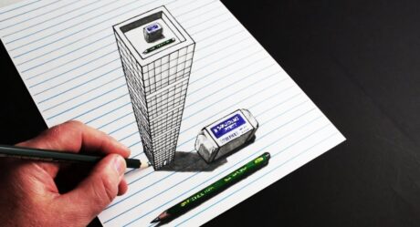 ラインペーパーにトリックアートの3D建物を描く方法