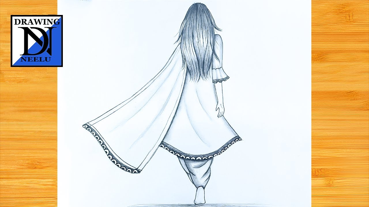 How to draw a Girl Backside Walking with Flowing Veil easy drawing