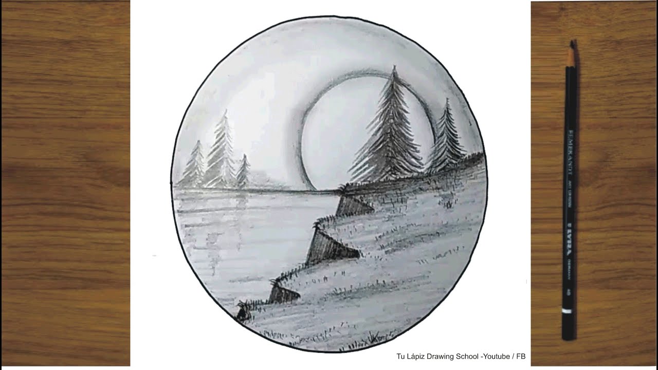 How to draw a landscape with a lake, mountains and pine trees in pencil ...