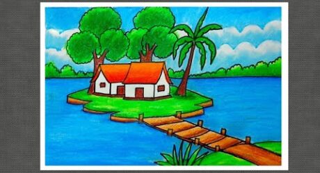 Landscape scenery drawing with oil pastel | how to draw a village scenery step by step (very easy)