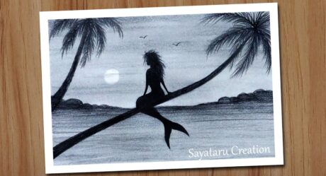 Dibujo de paisaje de puesta de sol de sirena con lápiz, dibujo a lápiz para principiantes