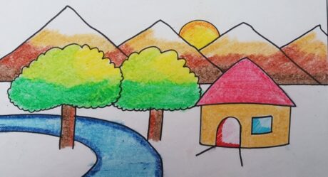 Simple landscape drawing for beginners with oil pastels| house and nature drawing