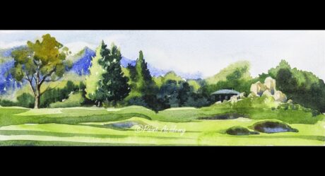 Watercolor Panoramic Landscape | Mountains, Trees, Valley Watercolor Technique