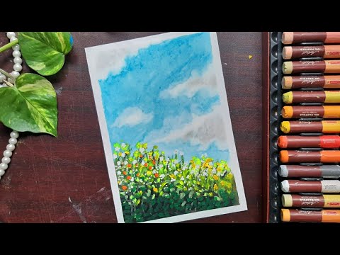 A garden And the sky - Oil Pastel Drawing for beginners