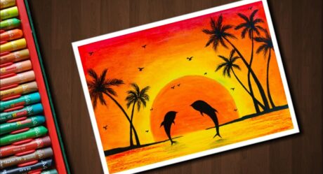 Dibujo de paisaje Dolphin Sunset con Oil Pastels para principiantes – paso a paso
