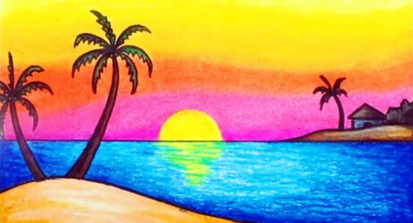 Comment dessiner un paysage simple | Dessiner un coucher de soleil dans un paysage de plage