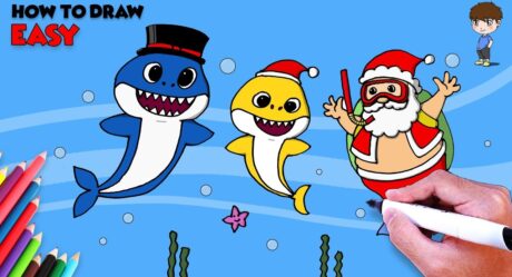 Cómo dibujar Baby Shark y Santa Claus para colorear para niños – Christmas Baby Shark Drawing Easy