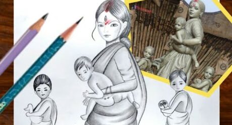 Cómo dibujar a la viral Maa Durga de Calcuta como madre migrante | Dibujo especial de Durga Puja | Dibujo a lápiz