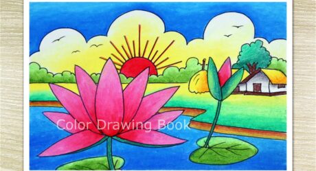 How to draw Water Lily scenery step by step, Sunset scenery with oil pastels